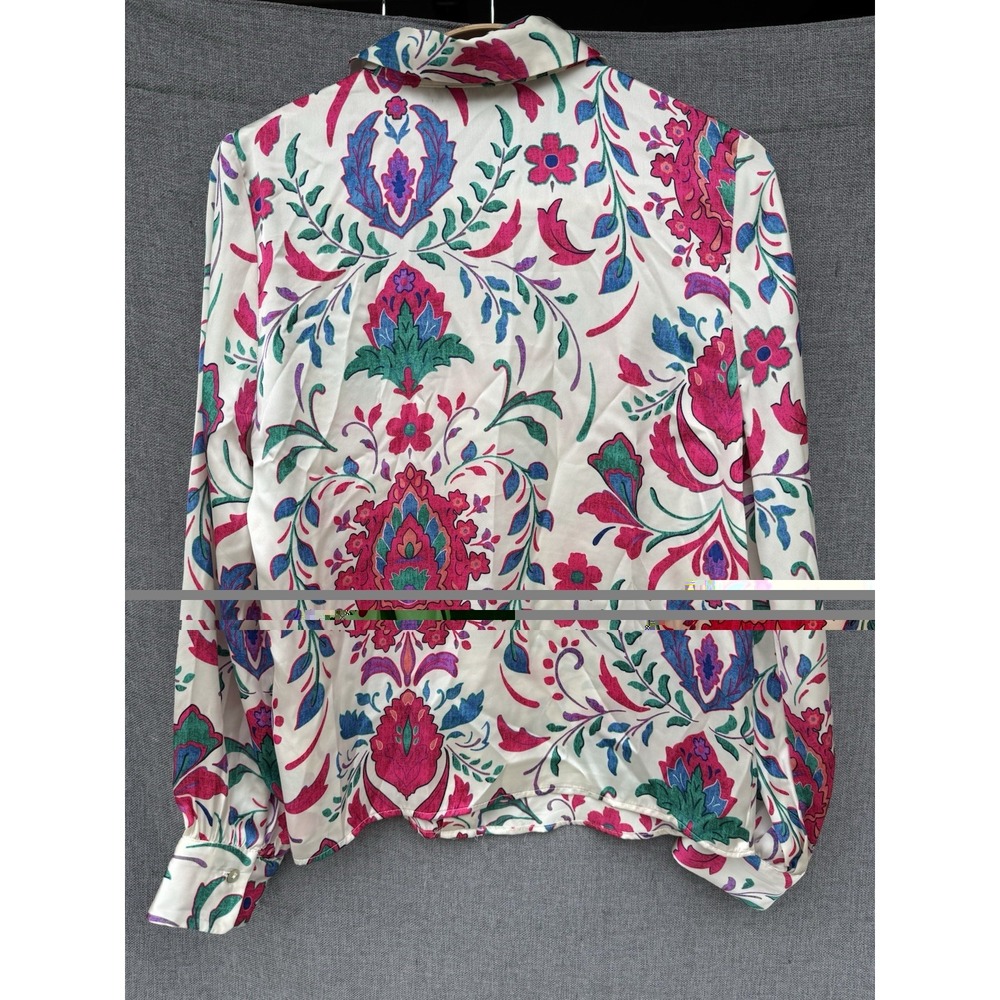 Zara Floral Satin Button Down Long Sleeve Blouse Small Preppy Boho Pink - Picture 7 of 7